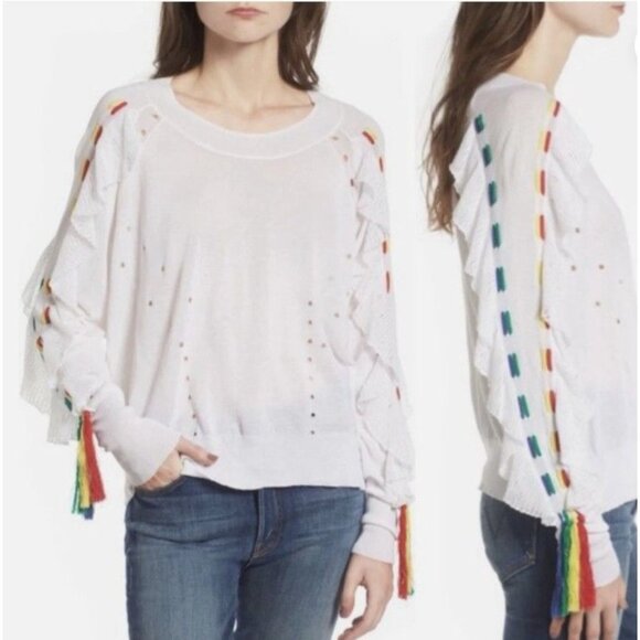 WILDFOX Diez Sweater Women's Size Large Ruffled Lace Up Sleeves White - Picture 2 of 11